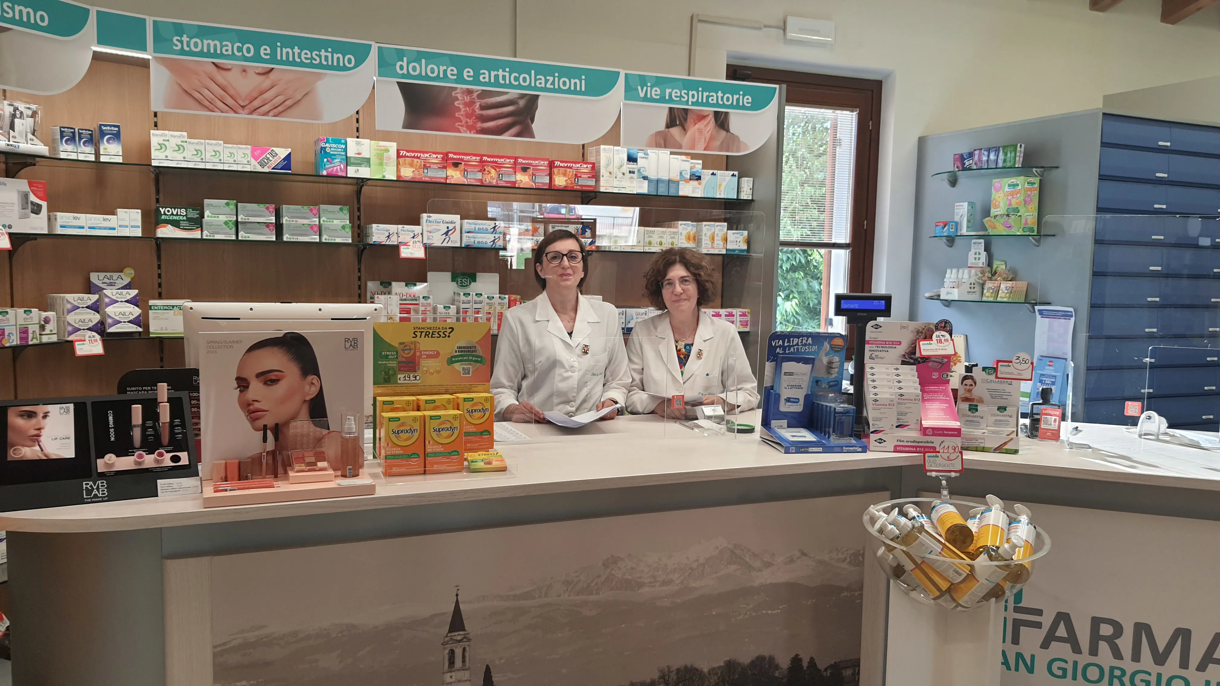La farmacista controlla i medicinali in una farmacia