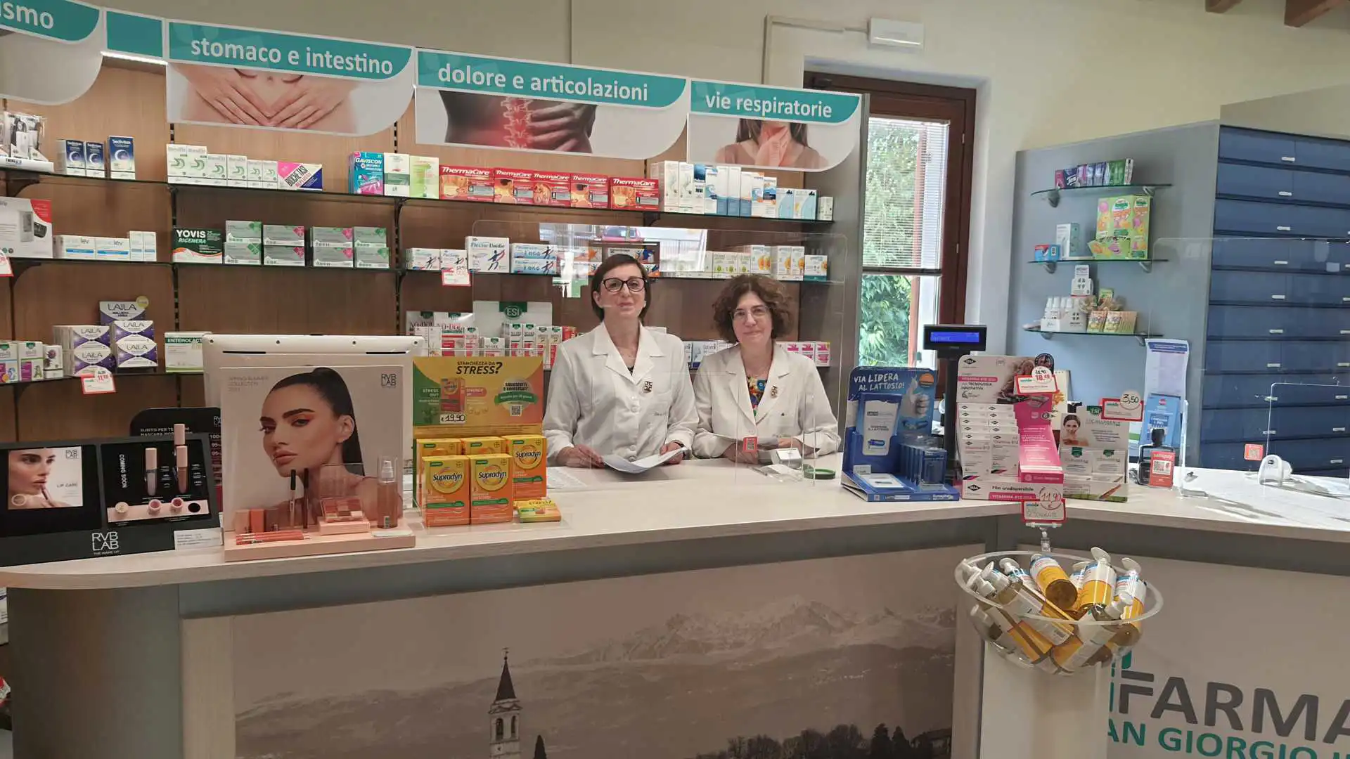 La farmacista controlla i medicinali in una farmacia